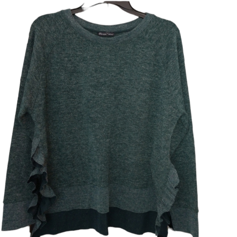 Zara Heather Green Crew Neck Sweater w/ Ruffles Large